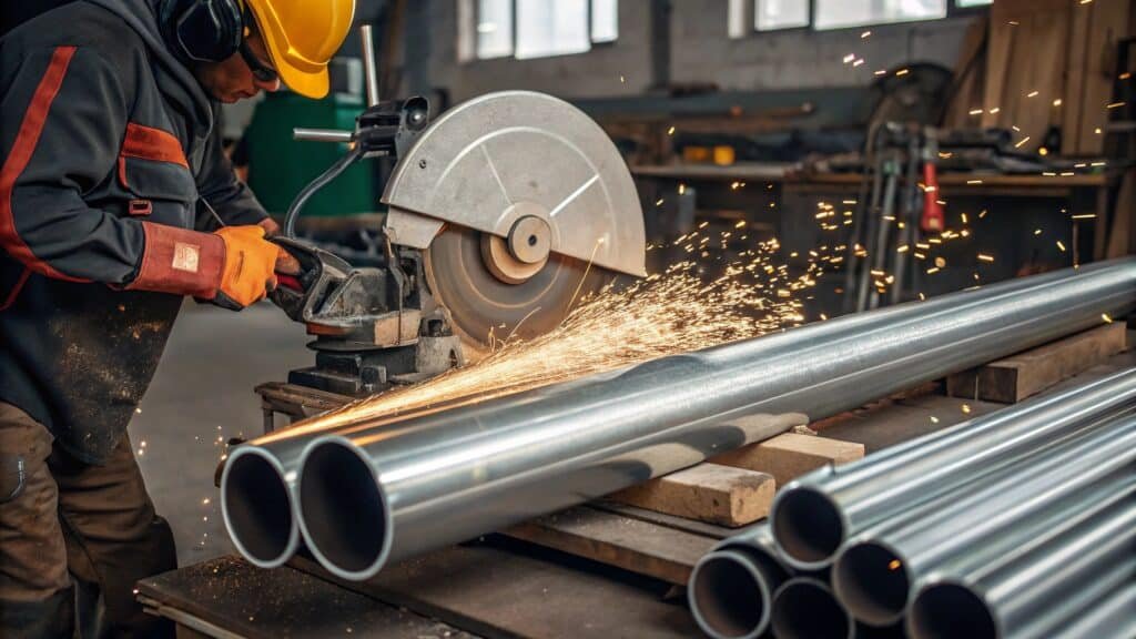 Tools for cutting aluminum tubing: hacksaw, tubing cutter, and chop saw blade